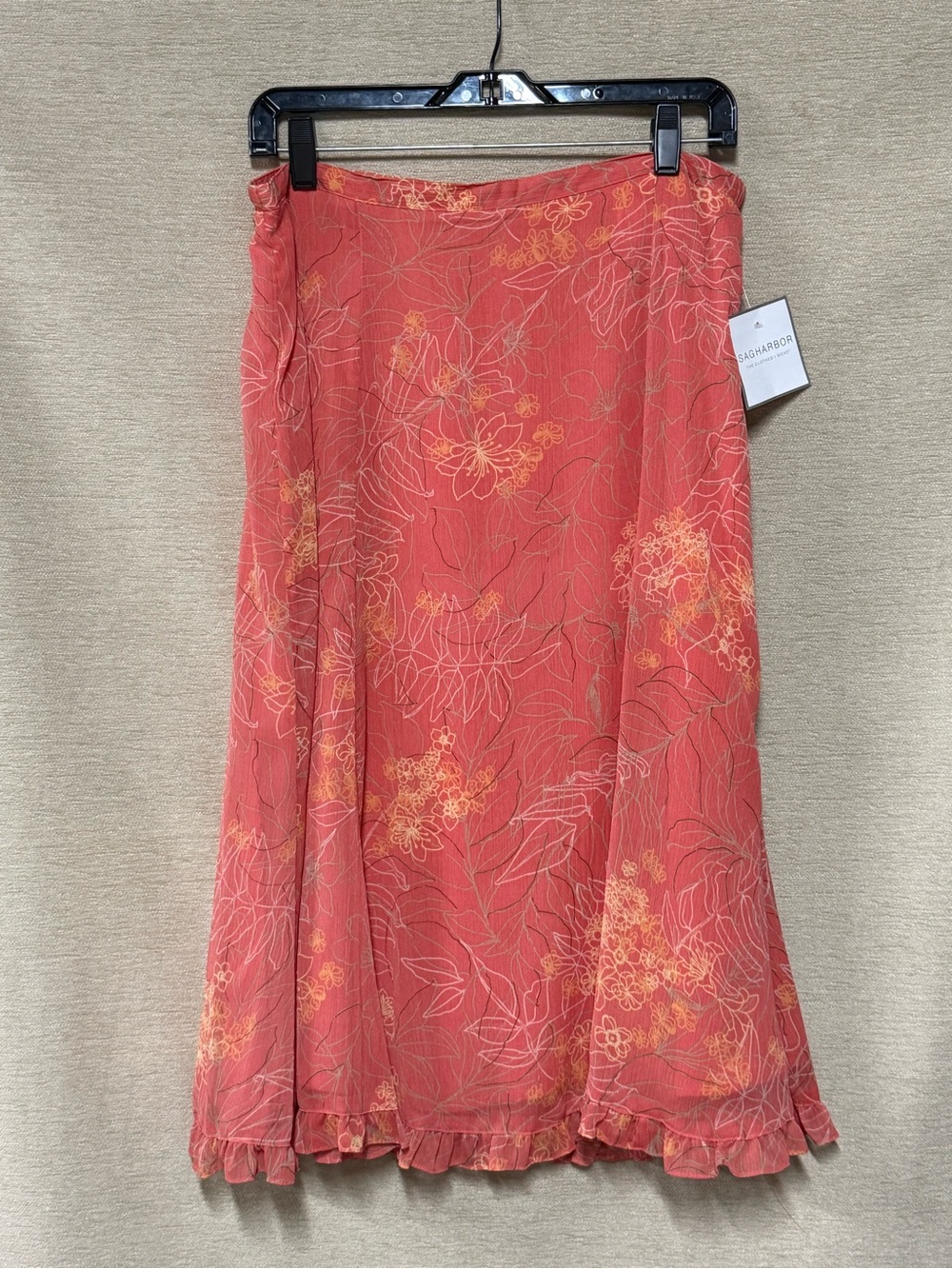 Sag Harbor Coral Floral Midi Skirt with Ruffle Hem